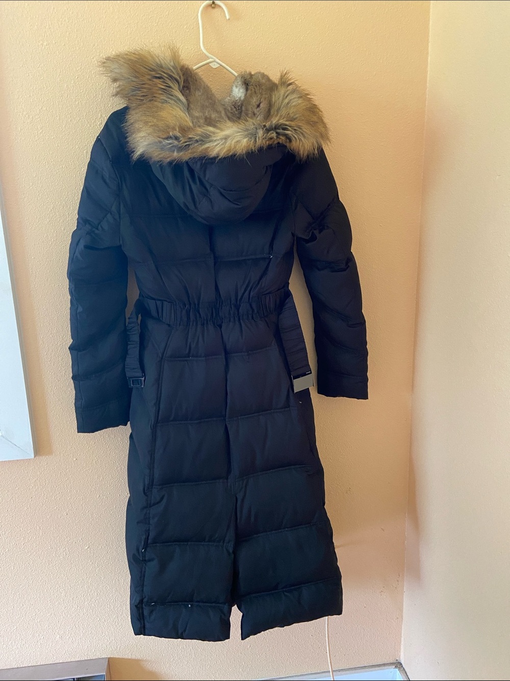 Women’s Moda International Long Down Puffer Coat, Faux Fur Hood, Size Small